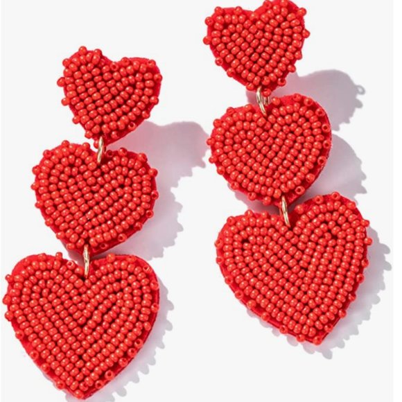 Long 3" Triple Heart Beaded Earrings Large Red Hearts Seed Beads Valentine's New - Picture 1 of 5